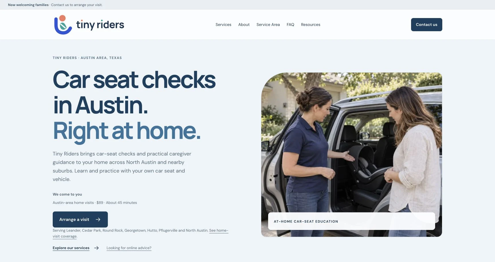 Actual Tiny Riders homepage, showing its at-home Austin service, visit information and clear inquiry button beside service imagery.