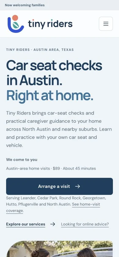 Actual Tiny Riders homepage at a 390-pixel phone width, with its mobile navigation, service introduction and appointment inquiry link.