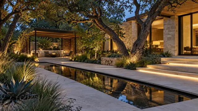 Lit limestone courtyard and reflecting pool