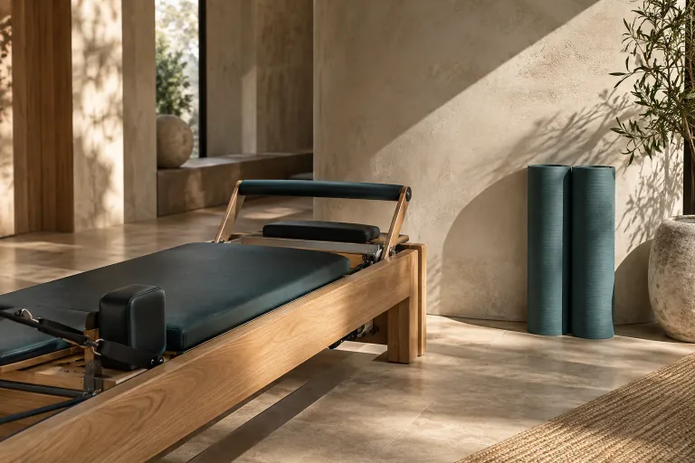 A wooden Pilates reformer beside a sunlit studio wall