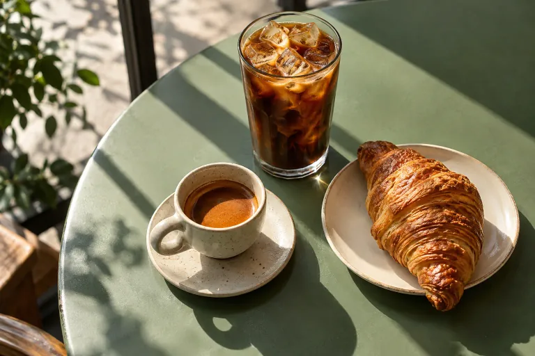 Espresso, an iced latte and a croissant in afternoon sunlight