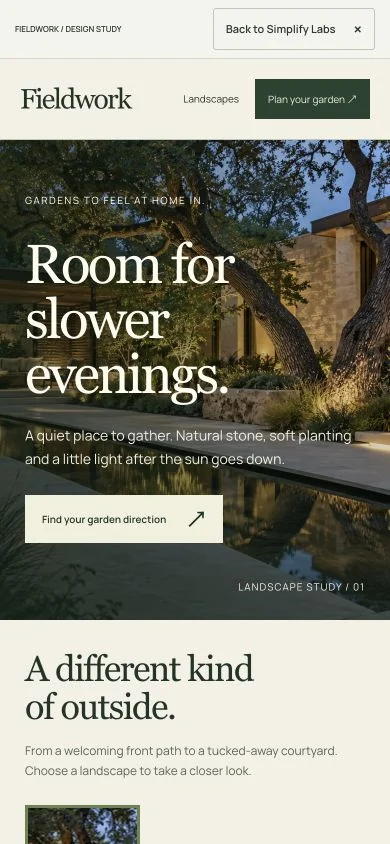 Fieldwork website at phone width, showing its landscape image, readable introduction and garden-planning action.