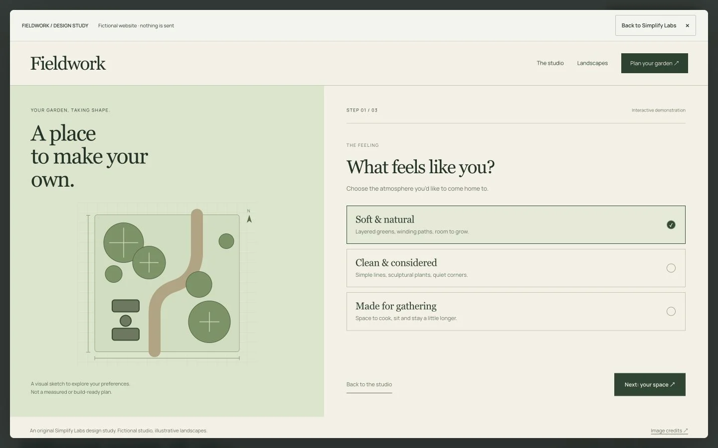 Fieldwork garden planner showing selectable preferences beside an illustrative garden diagram.